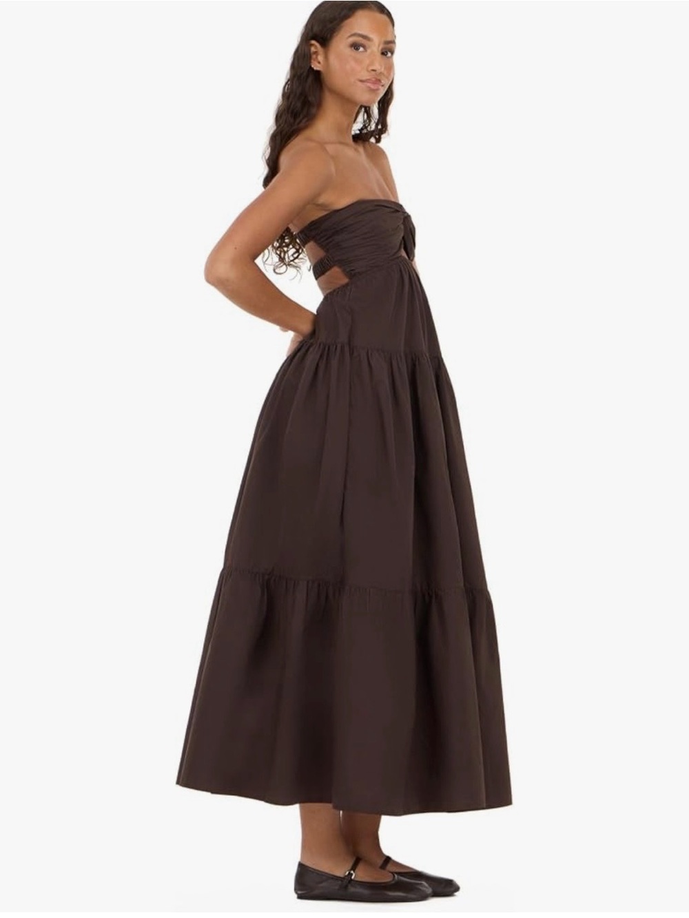Strapless Brown Twist-Front Tiered Maxi Dress - Picture 5 of 10